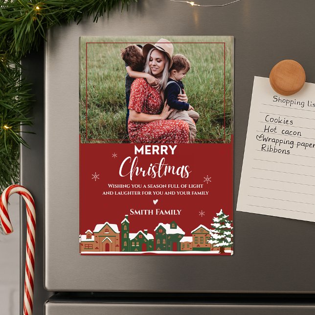 Traditional Red Family Photo Christmas Greeting  (Traditional Red Family Photo Christmas Greeting Magnetic Card)