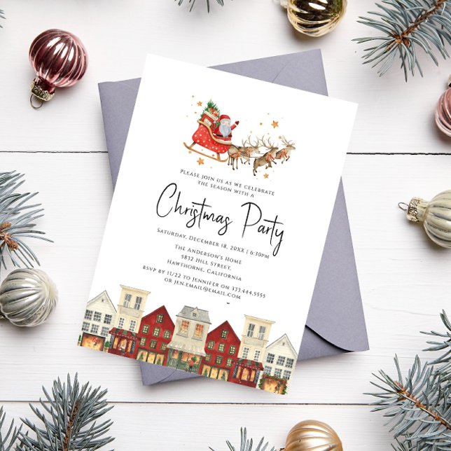 Traditional red festive family santa christmas  invitation (santa and reindeer fun family christmas party invitation)