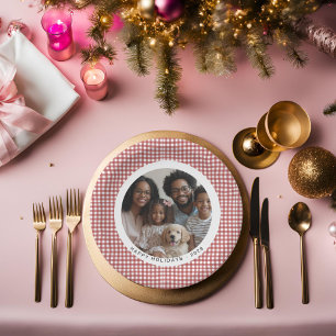 Traditional Red Gingham Holiday Photo Paper Plate