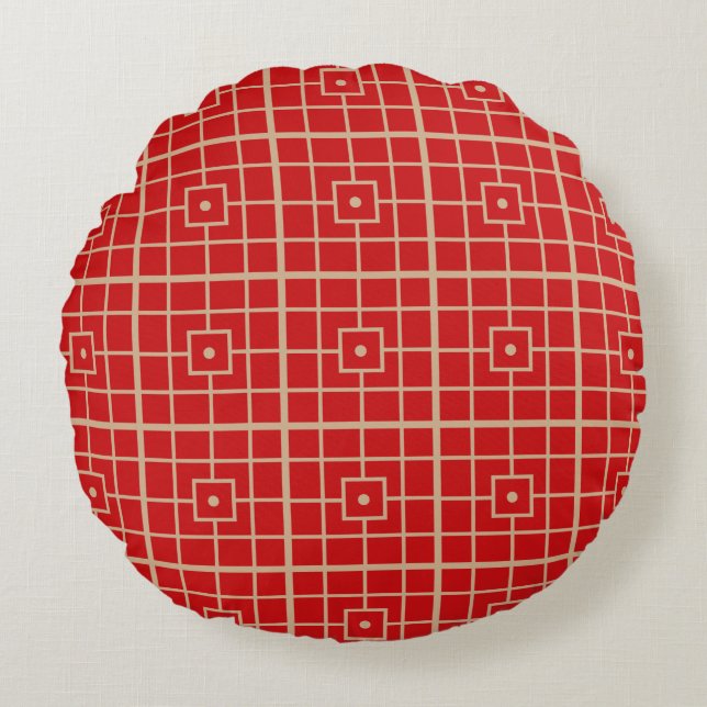 Traditional Red & Gold Chinese Geometric Pattern Round Cushion (Front)