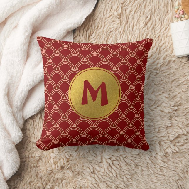 Traditional Red & Gold Chinese Pattern Monogram Cushion (Blanket)