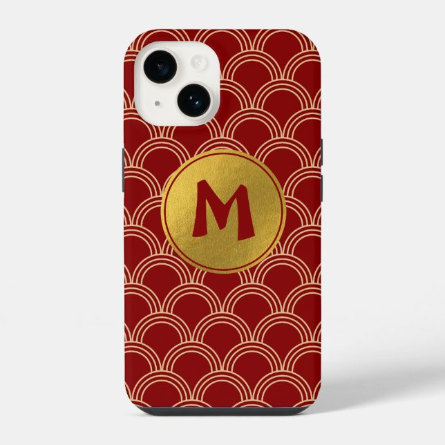 Traditional Red & Gold Chinese Pattern Monogram iPhone Case (Back)