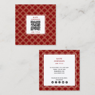 Traditional Red & Gold Chinese Pattern QR Code Square Business Card