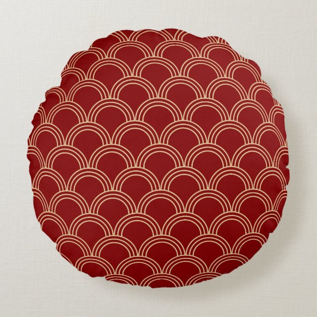 Traditional Red & Gold Chinese Pattern Round Cushion (Front)