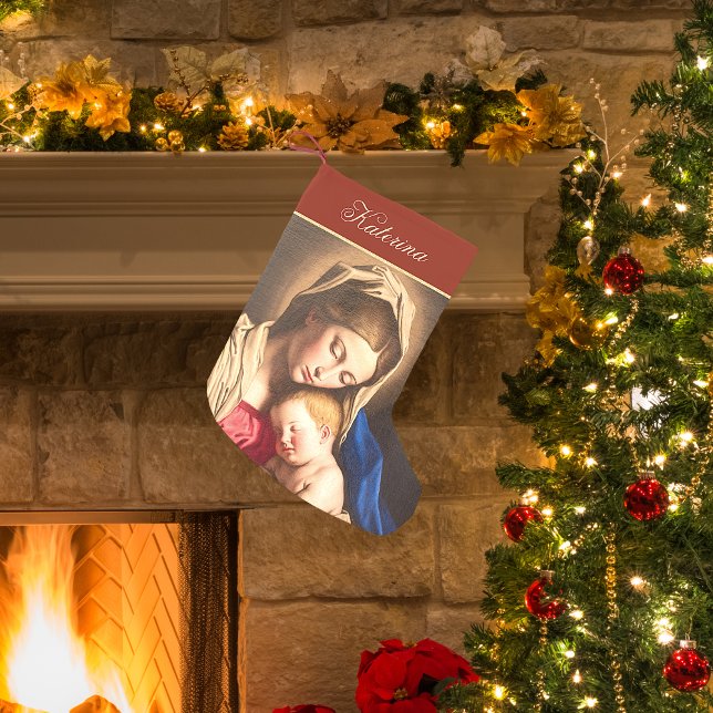 Traditional Red & Gold Madonna and Child Religious Small Christmas Stocking (Religious Christmas stocking with Madonna and Child for Catholics and Christians in red and gold)