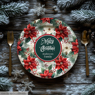 Traditional Red Green Christmas Floral Paper Plate