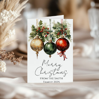 Traditional Red Green Gold Bauble Holly Christmas Card