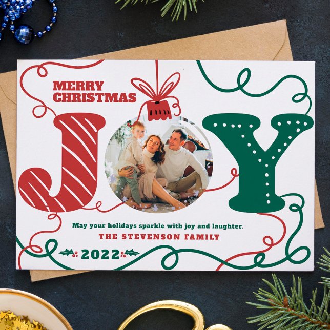 Traditional red green Joy photo Christmas tinsels Holiday Card (Creator Uploaded)