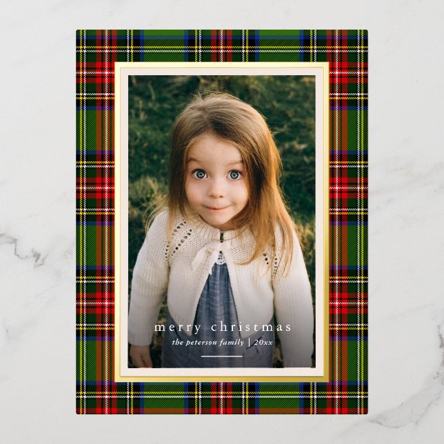 Traditional Red Green Plaid Merry Christmas Foil Holiday Postcard (Front)