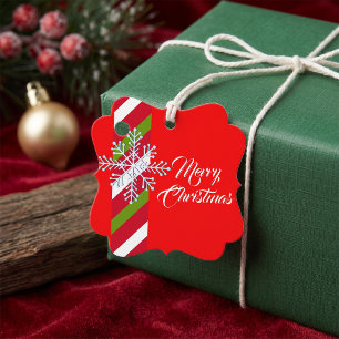 Traditional Red Green Stripe Snowflake Holiday Favour Tags
