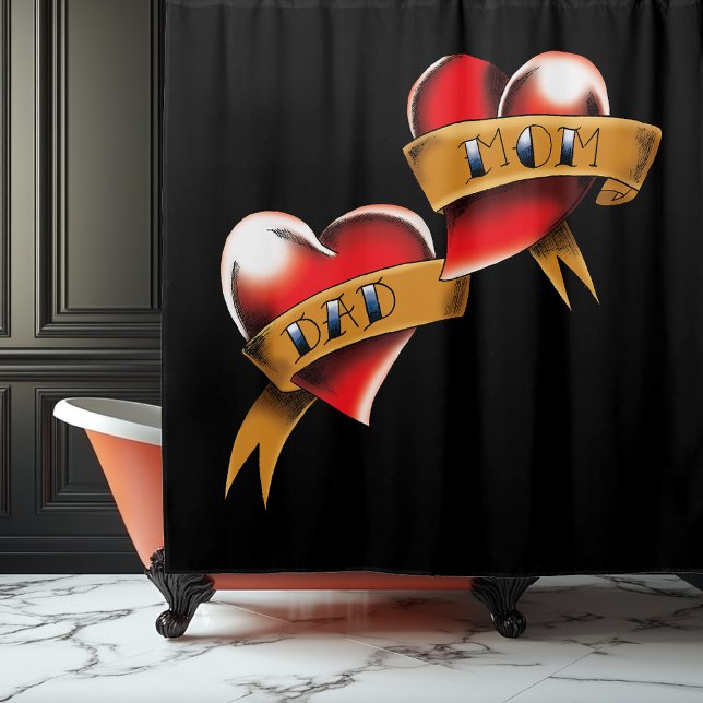 Traditional Red Heart Mum Dad Banner Tattoo Design Shower Curtain (Creator Uploaded)
