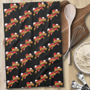 Traditional Red Heart Mum Dad Banner Tattoo Design Tea Towel