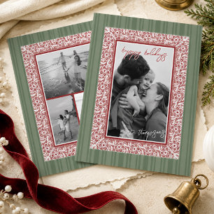 Traditional Red Lace Border Family Photo Christmas Holiday Card