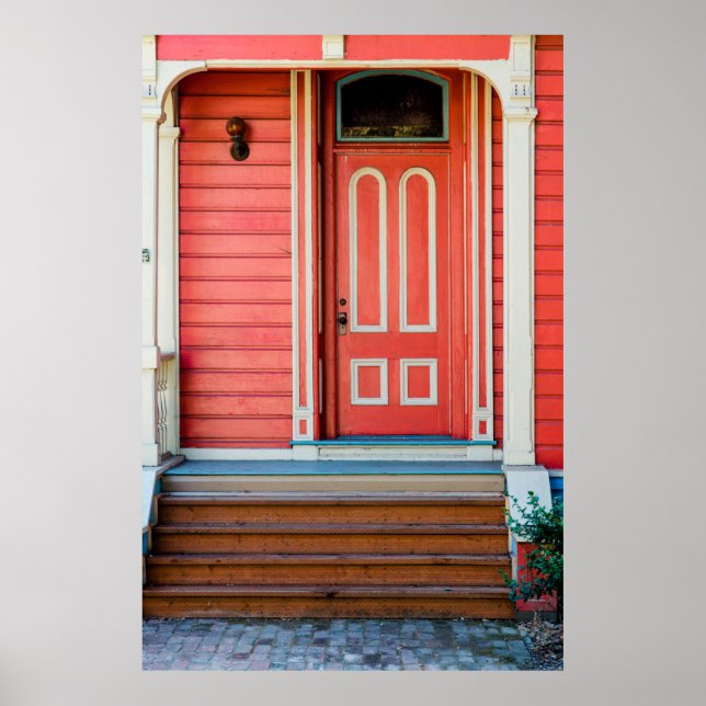 Traditional red painted wooden door and porchdoor, poster (Front)