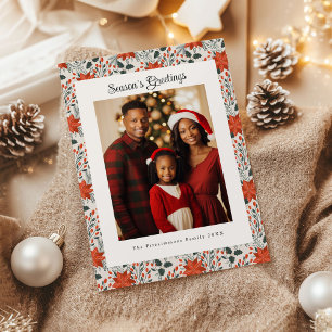 Traditional Red Poinsettia Holiday Photo Card