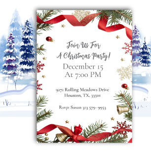 Traditional Red Ribbon Christmas Party Invitation