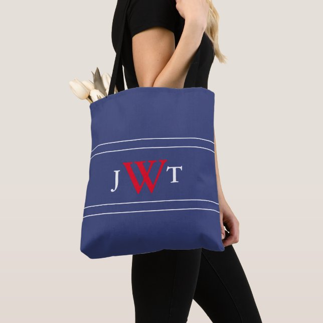 Traditional Red White and Blue Monogram Tote Bag (Close Up)