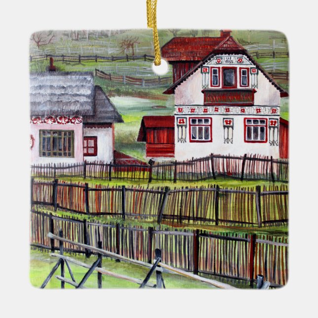 Traditional Romanian House - Watercolor Painting Ceramic Ornament (Front)
