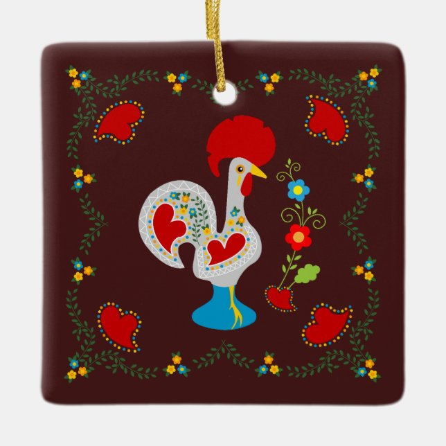 Traditional Rooster of Barcelos Happy Birthday Ceramic Ornament (Front)