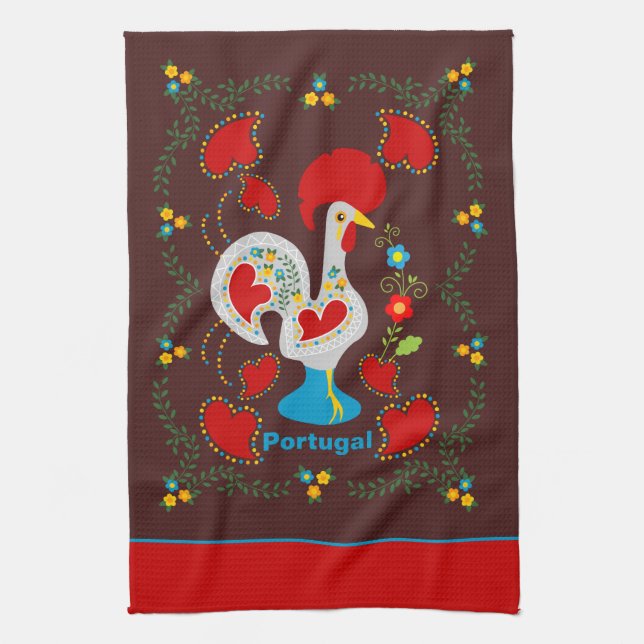 Traditional rooster of Barcelos in white Tea Towel (Vertical)