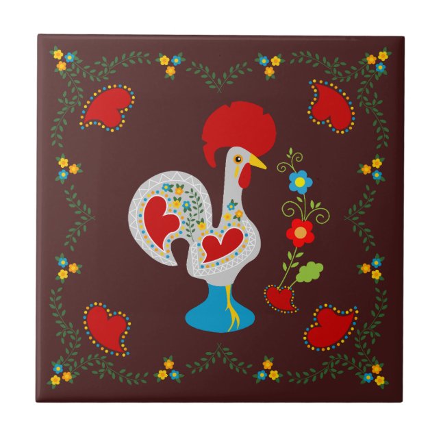 Traditional rooster of Barcelos in white Tile (Front)