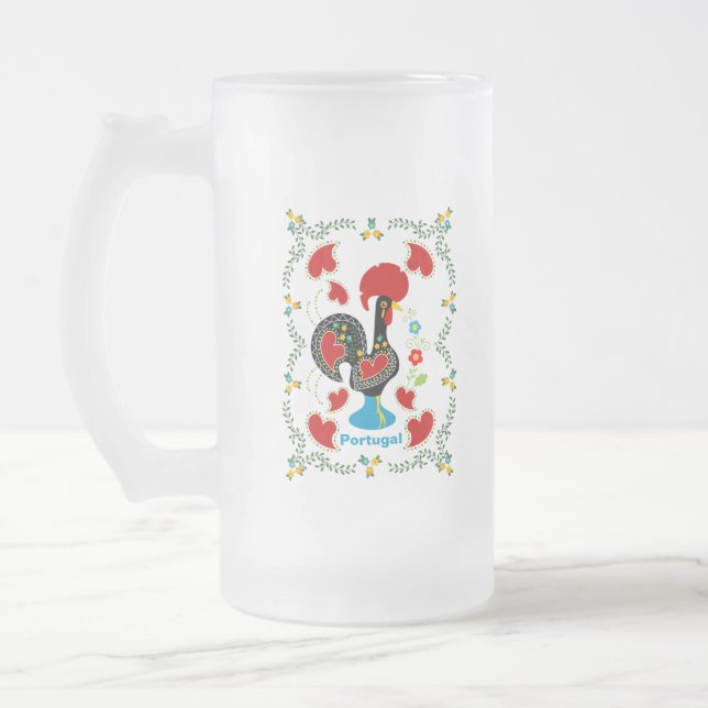 Traditional Rooster of Portugal in black Frosted Glass Beer Mug (Left)