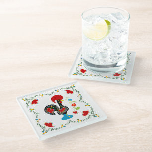 Traditional Rooster of Portugal in black Glass Coaster
