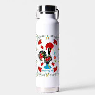 Traditional Rooster of Portugal in black Water Bottle