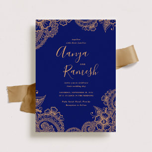 Traditional Royal Blue and Gold Mehndi Wedding Invitation