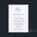 Traditional Royal Purple Monogram Elegant Wedding Invitation<br><div class="desc">Traditional and classy wedding invitation featuring a simple design with your two initial monogram and your names in an elegant royal purple calligraphy inside of a thin border.  The backside is solid purple.  This classic design is perfect for a formal wedding in the fall / autumn.</div>