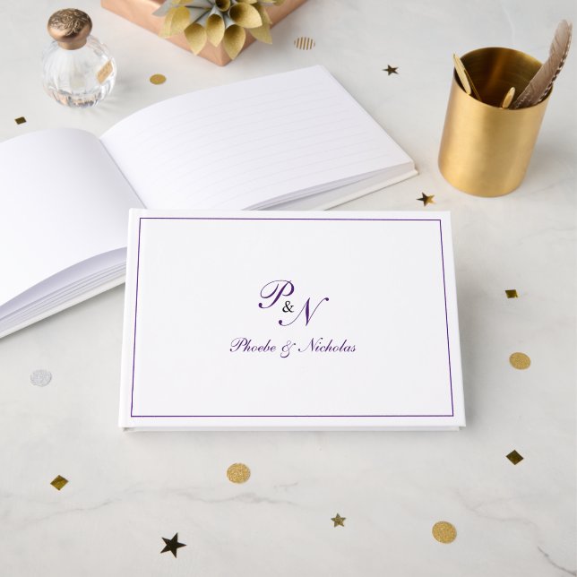 Traditional Royal Purple Monogram Formal Wedding Guest Book (Front Open)