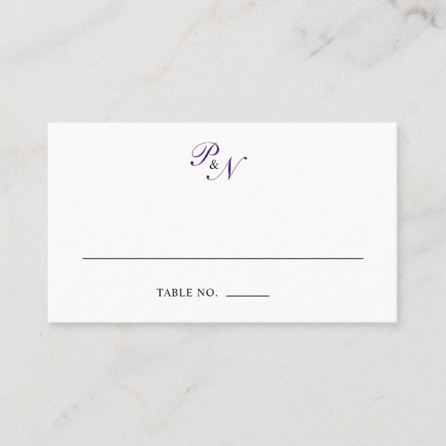 Traditional Royal Purple Monogram Formal Wedding Place Card (Front)