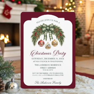 Traditional Rustic Burgundy Christmas Party Invitation