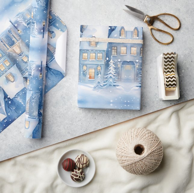 Traditional Rustic Winter City Blue Christmas Wrapping Paper (Crafts)