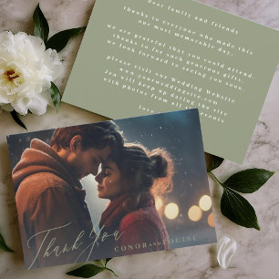 Traditional Sage Green Calligraphy Wedding Photo Thank You Card