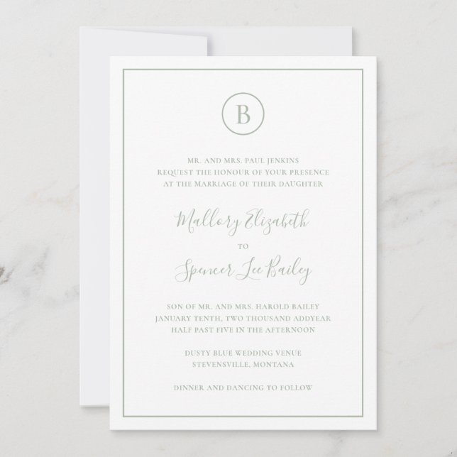 Traditional Sage Green Elegant All In One Wedding Invitation (Front)