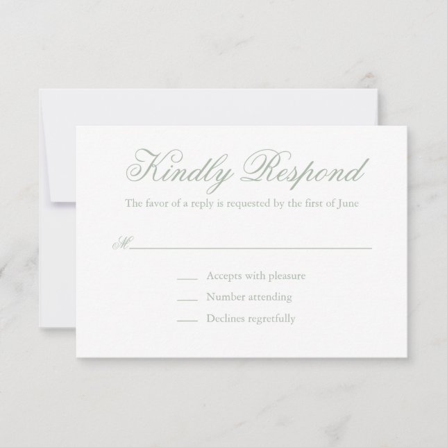 Traditional Sage Green Formal Elegant Wedding RSVP Card (Front)