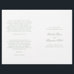 Traditional Sage Green Formal Wedding Program<br><div class="desc">Classic style folded Wedding Program with accent words in an elegant calligraphy typography. The front has your event details, the inside has your wedding party and order of ceremony. The back has a template for your message / quotes. All text is in sage green over a white background and may...</div>