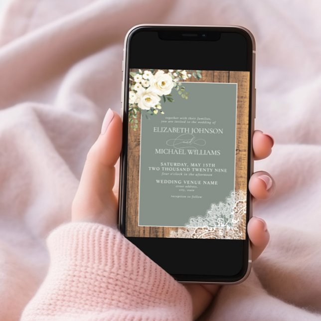 Traditional Sage Green Rustic Wood Script Wedding Invitation (Creator Uploaded)