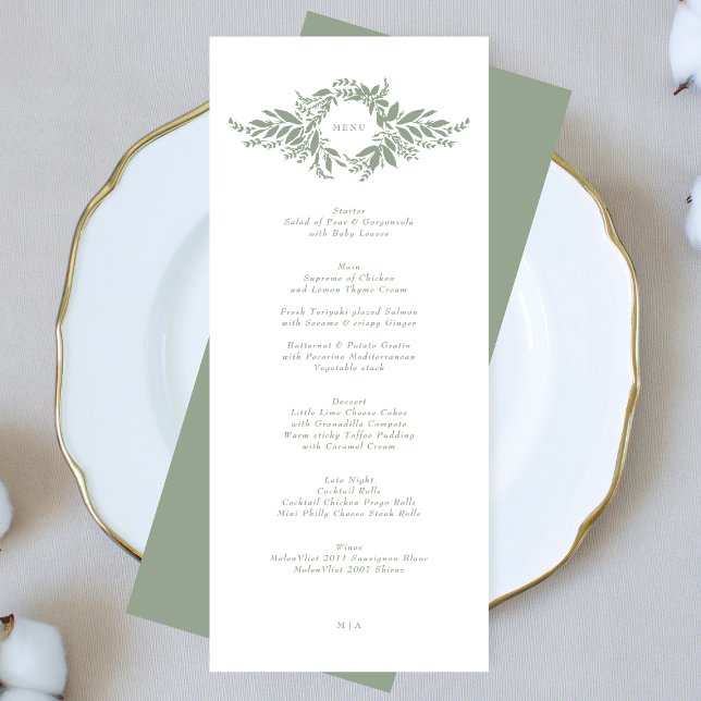 traditional sage green wreath monogram Wedding Menu (Creator Uploaded)