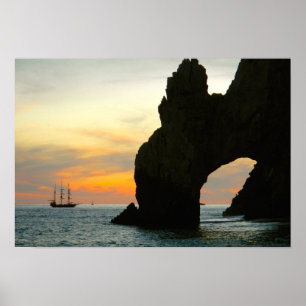 Traditional Sailboat At Sunset,Cabo Rock Arches Poster