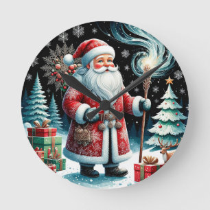 Traditional Santa Claus in Festive Winter Scene Round Clock