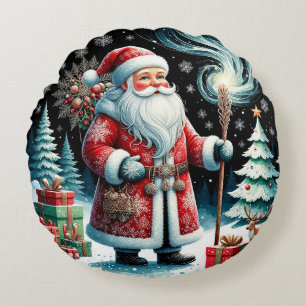 Traditional Santa Claus in Festive Winter Scene Round Cushion