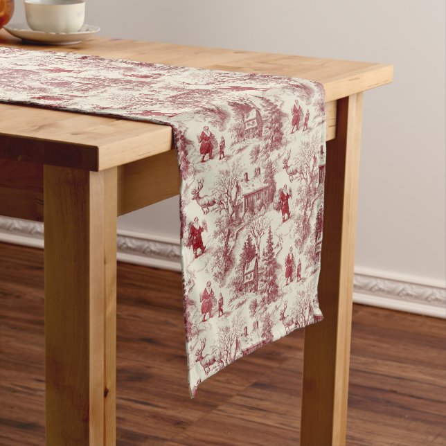 Traditional Santa Claus Red on Cream Toile De Jouy Short Table Runner (In Situ)