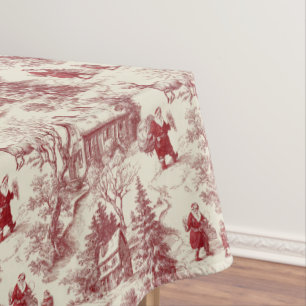 Traditional Santa Claus Red on Cream Toile De Jouy Tablecloth