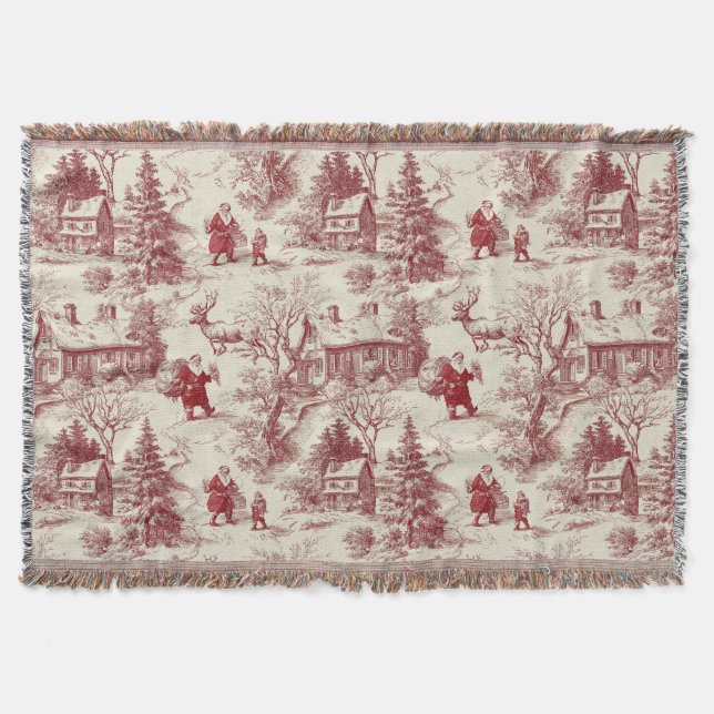 Traditional Santa Claus Red on Cream Toile De Jouy Throw Blanket (Front)