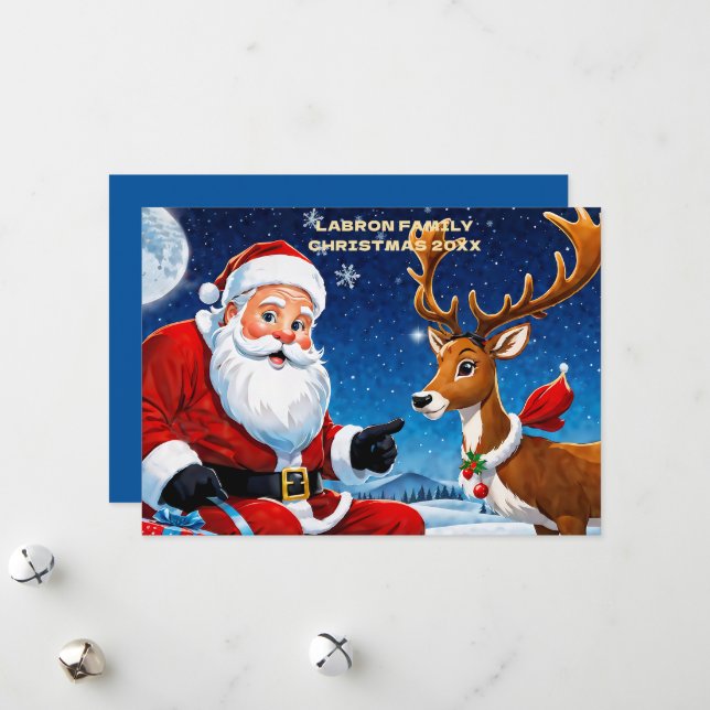 Traditional Santa with His Reindeer  Personalised Holiday Card (Front/Back In Situ)