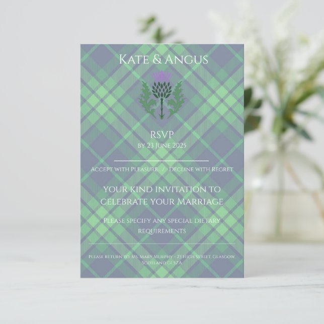 Traditional Scottish Tartan and Scotland Thistle RSVP Card (Standing Front)