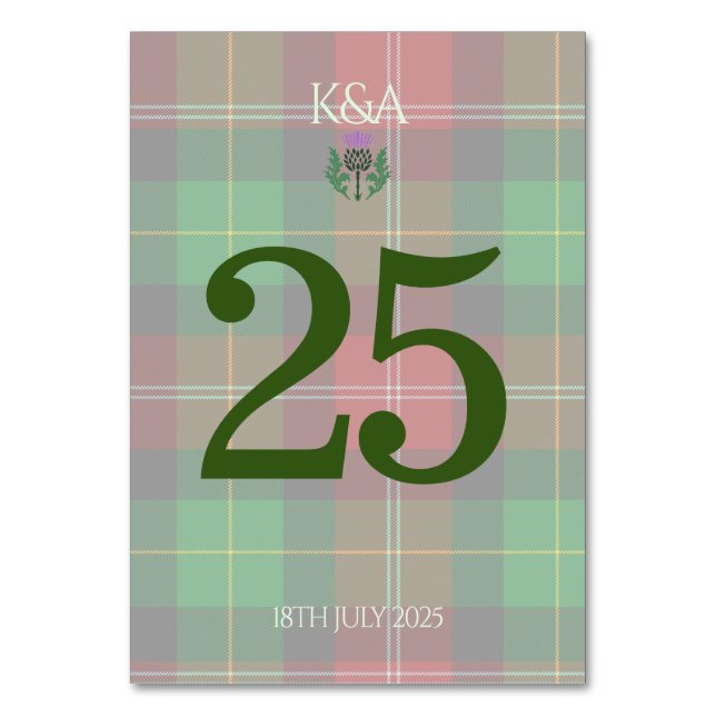 Traditional Scottish Tartan and Scotland Thistle Table Number (Front)