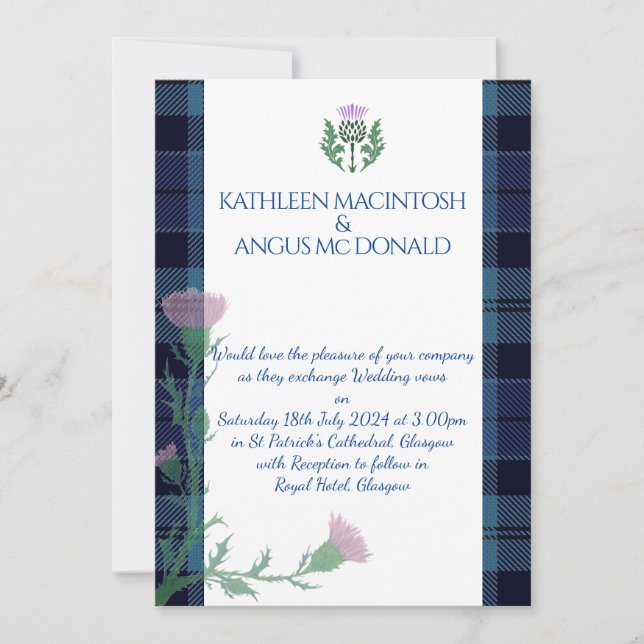 Traditional Scottish Tartan Border and Thistle Invitation (Front)